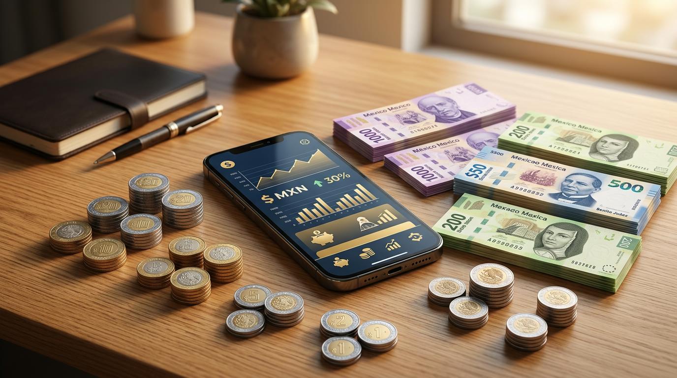Un teléfono inteligente sobre un escritorio limpio mostrando una interfaz de aplicación financiera, rodeado de monedas y billetes mexicanos