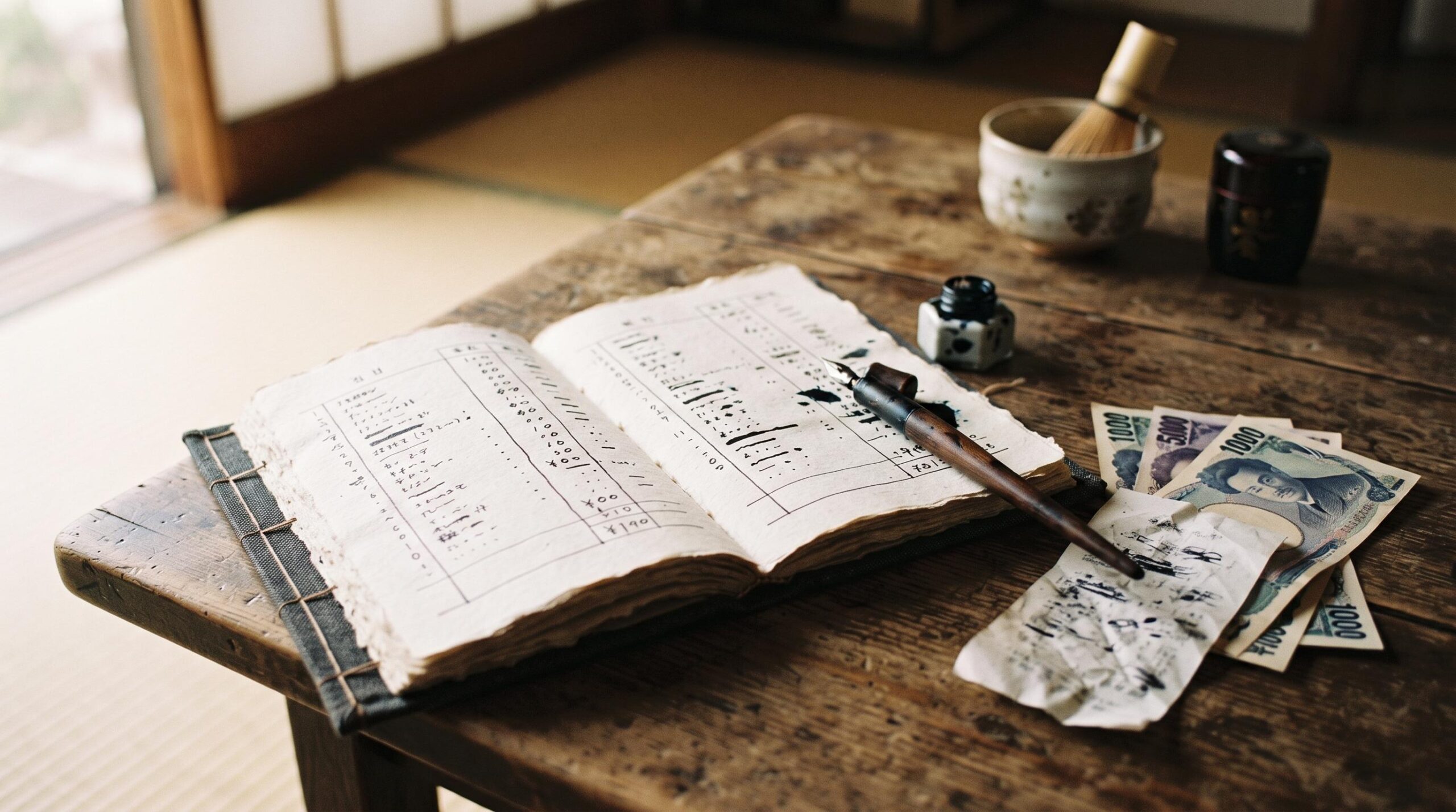 Cuaderno artesanal abierto sobre una mesa de madera rústica con una pluma tinta alongside billetes y recibo, evocando el origen tradicional japonés
