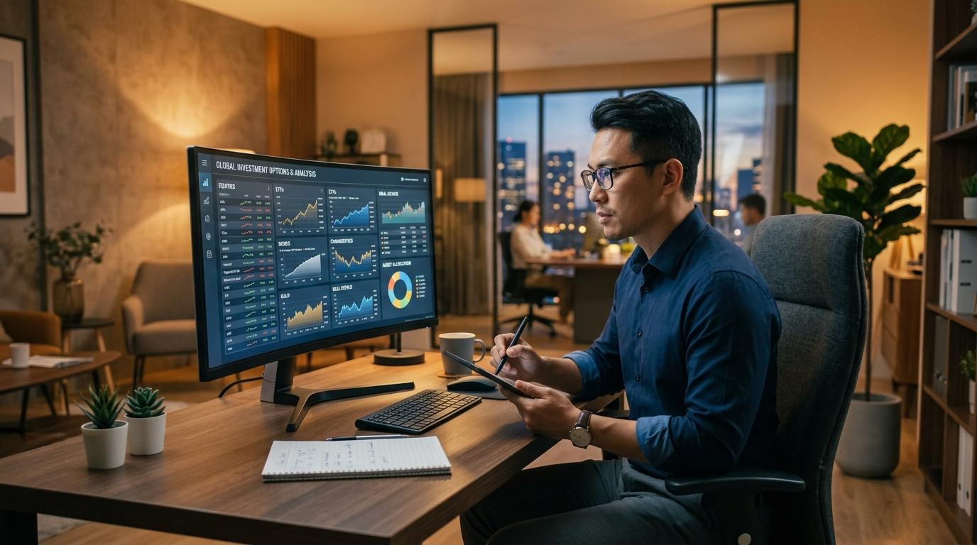 Persona con gafas sentada en escritorio analizando gráficos financieros en monitor grande mientras toma notas