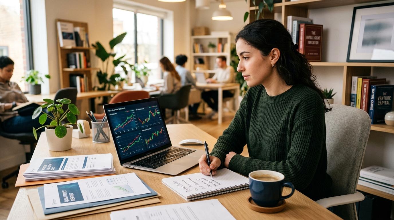 Persona escribiendo en cuaderno frente a laptop con gráficos financieros en oficina iluminada