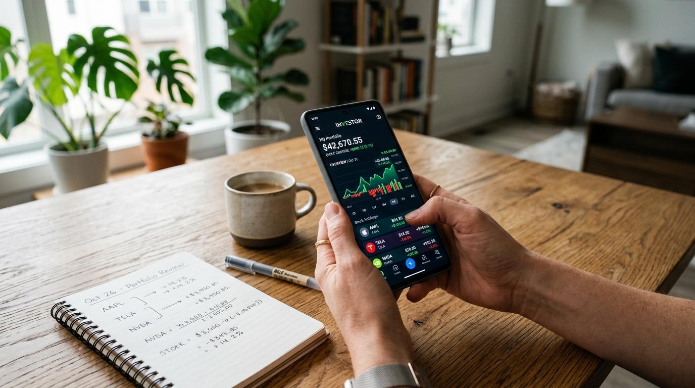 Persona revisando gráficos financieros en el teléfono junto a un cuaderno con anotaciones en una mesa de madera

