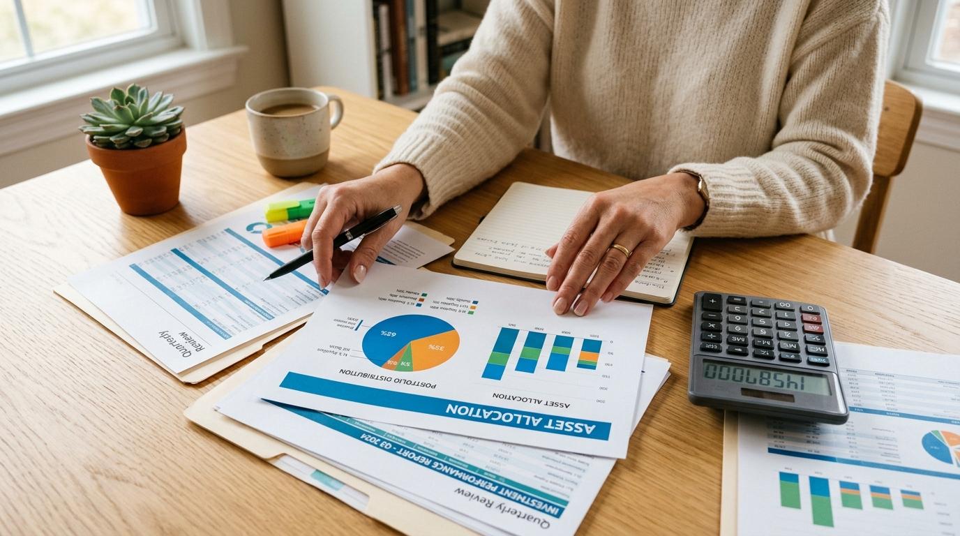 Persona revisando documentos financieros con gráficos y calculadora sobre escritorio de madera