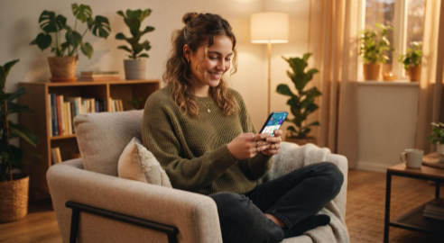 Una persona joven sostiene su smartphone mientras revisa una aplicación de crédito digital en la pantalla, sentada cómodamente en un sillón moderno