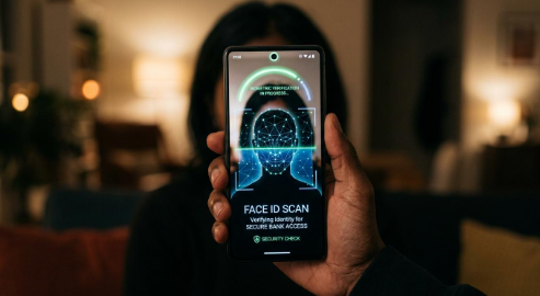 Cómo funciona un crédito digital sin ir a sucursal: del registro a tu cuenta en minutos 3 Primer plano de un smartphone con la cámara frontal activa realizando verificación facial biométrica, mostrando una silueta de persona frente a la pantalla