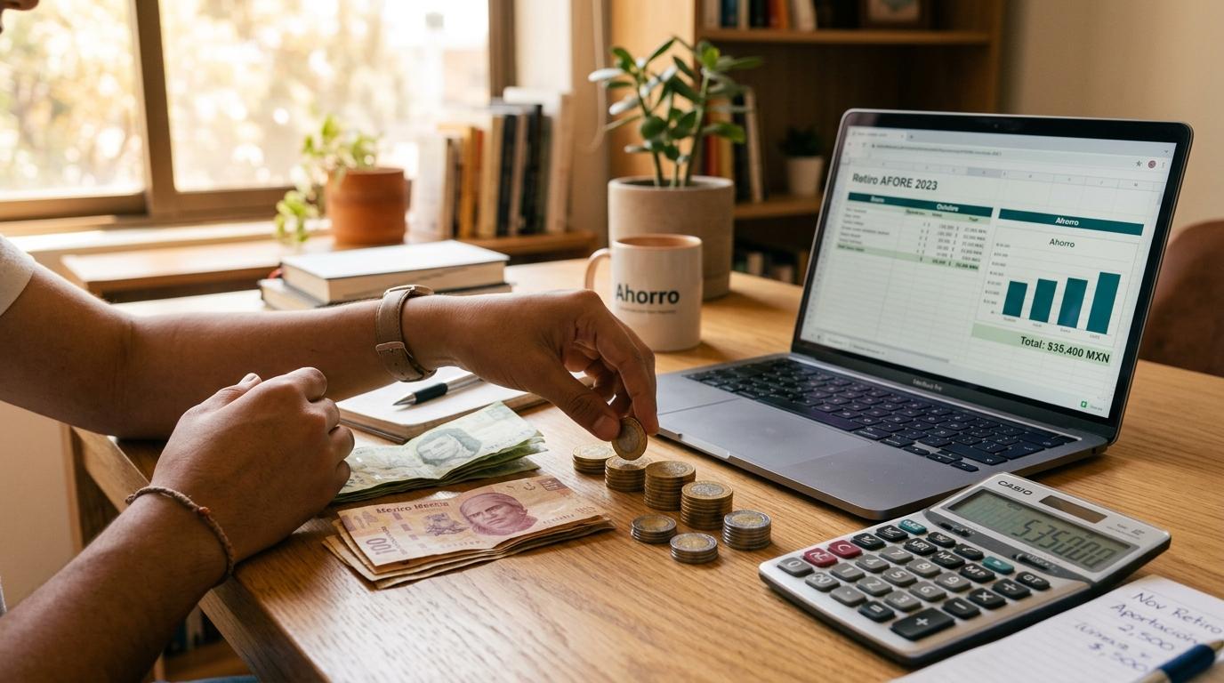 Afore mexicana: cómo funciona y cómo elegir la mejor para tu retiro 2 Manos de una persona joven mexicana contando monedas y billetes junto a una calculadora y una laptop sobre un escritorio de madera con luz natural