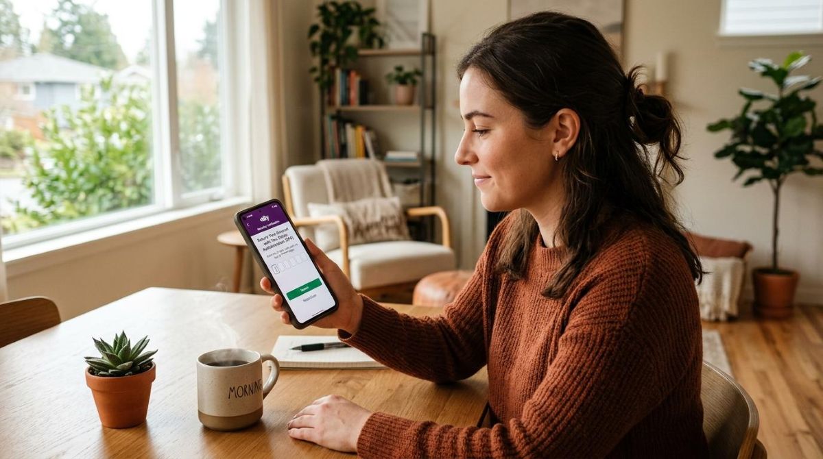 Cómo evitar los deepfakes que roban identidad financiera y proteger tus cuentas 3 Una persona activa la autenticación de dos factores en su aplicación bancaria móvil, con el teléfono mostrando una pantalla de verificación de seguridad