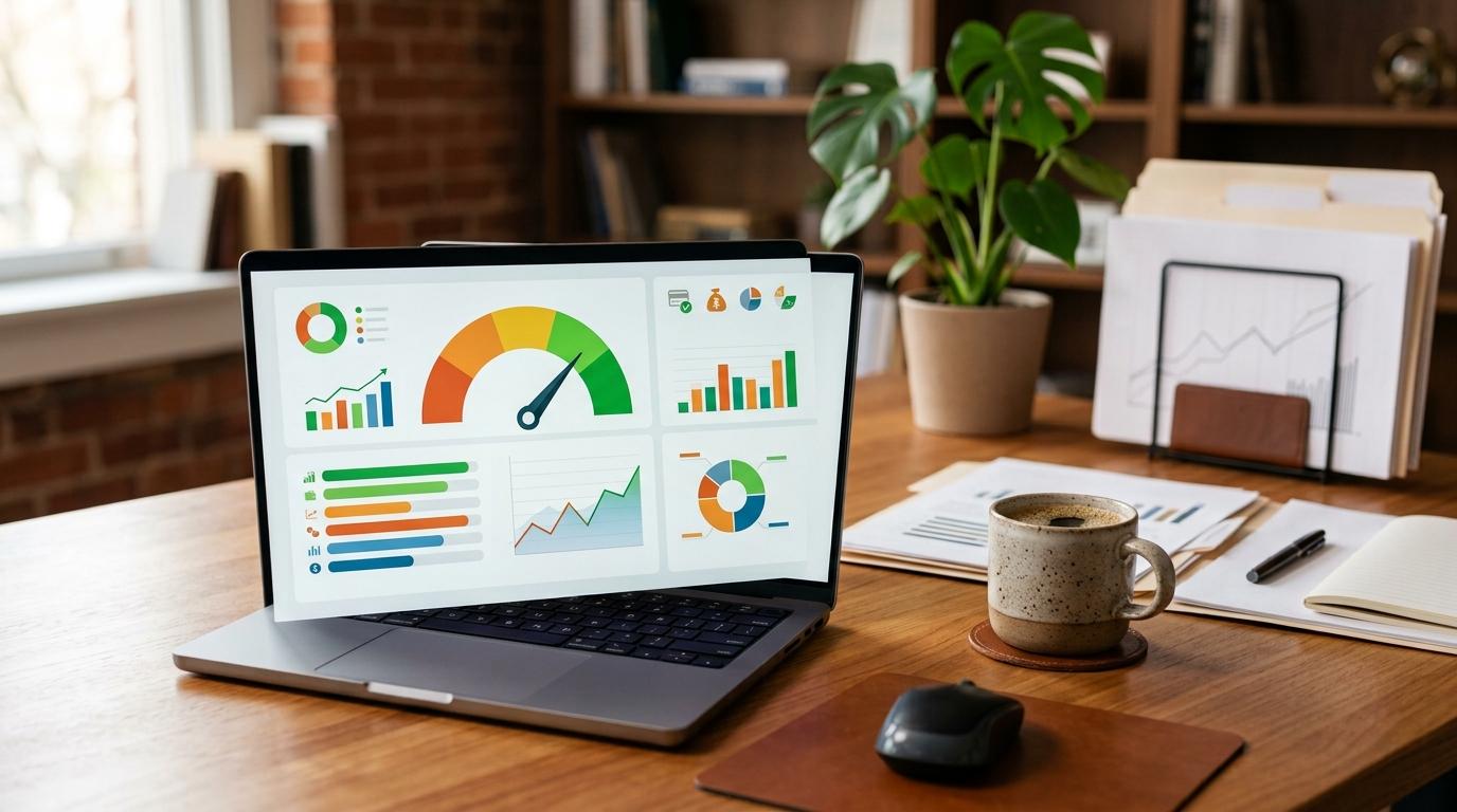 Pantalla de computadora portátil mostrando un reporte de historial crediticio con calificación, con una taza de café y documentos sobre un escritorio