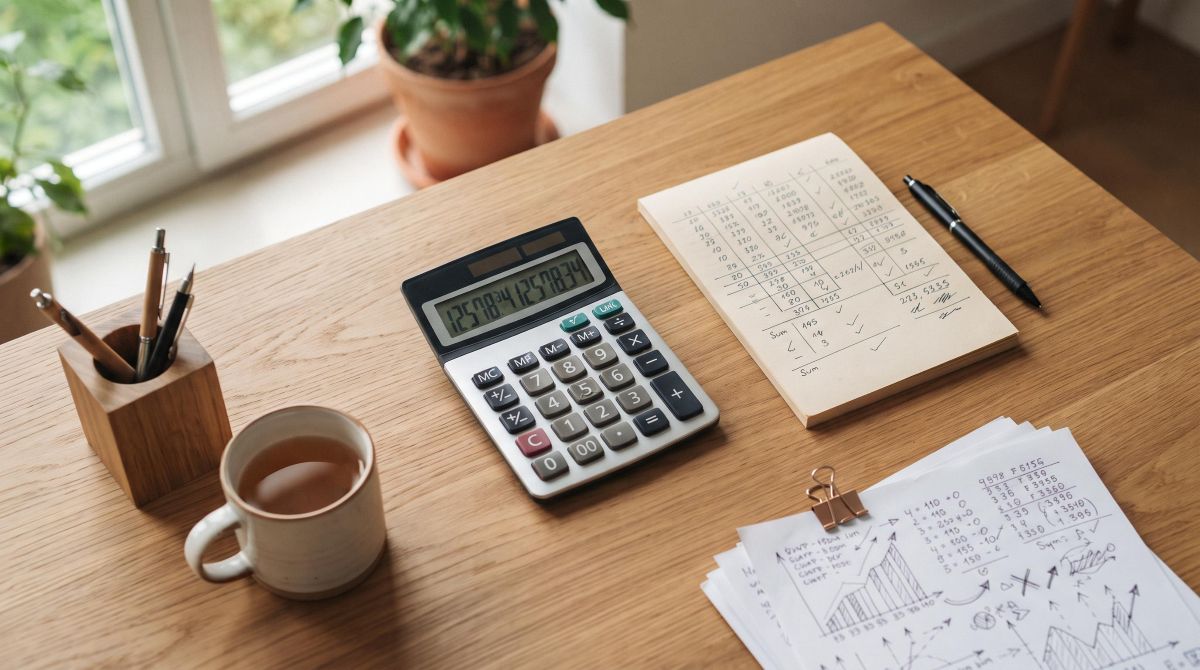 Vista superior de una calculadora mostrando cifras junto a documentos y notas manuscritas con anotaciones financieras, sobre un escritorio organizado
