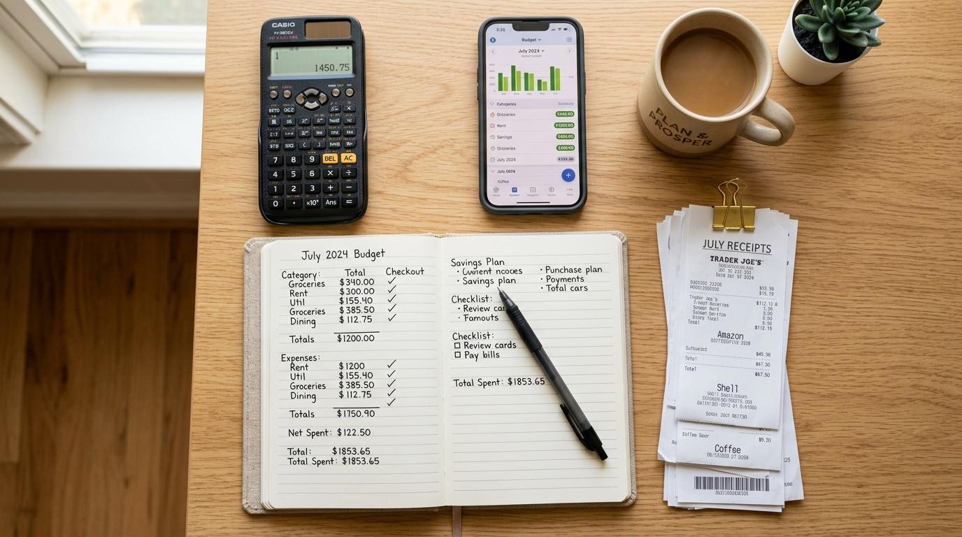 Vista superior de una calculadora junto a recibos organizados, un cuaderno con anotaciones financieras y un smartphone sobre una superficie limpia