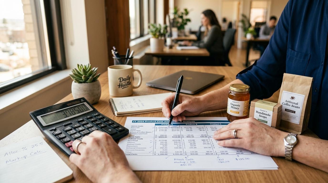 Cómo hacer un análisis de rentabilidad por producto paso a paso para tu negocio 3 Manos profesionales marcando cifras en una hoja de cálculo impresa junto a tres productos diferentes y una calculadora, mostrando el proceso de cálcular