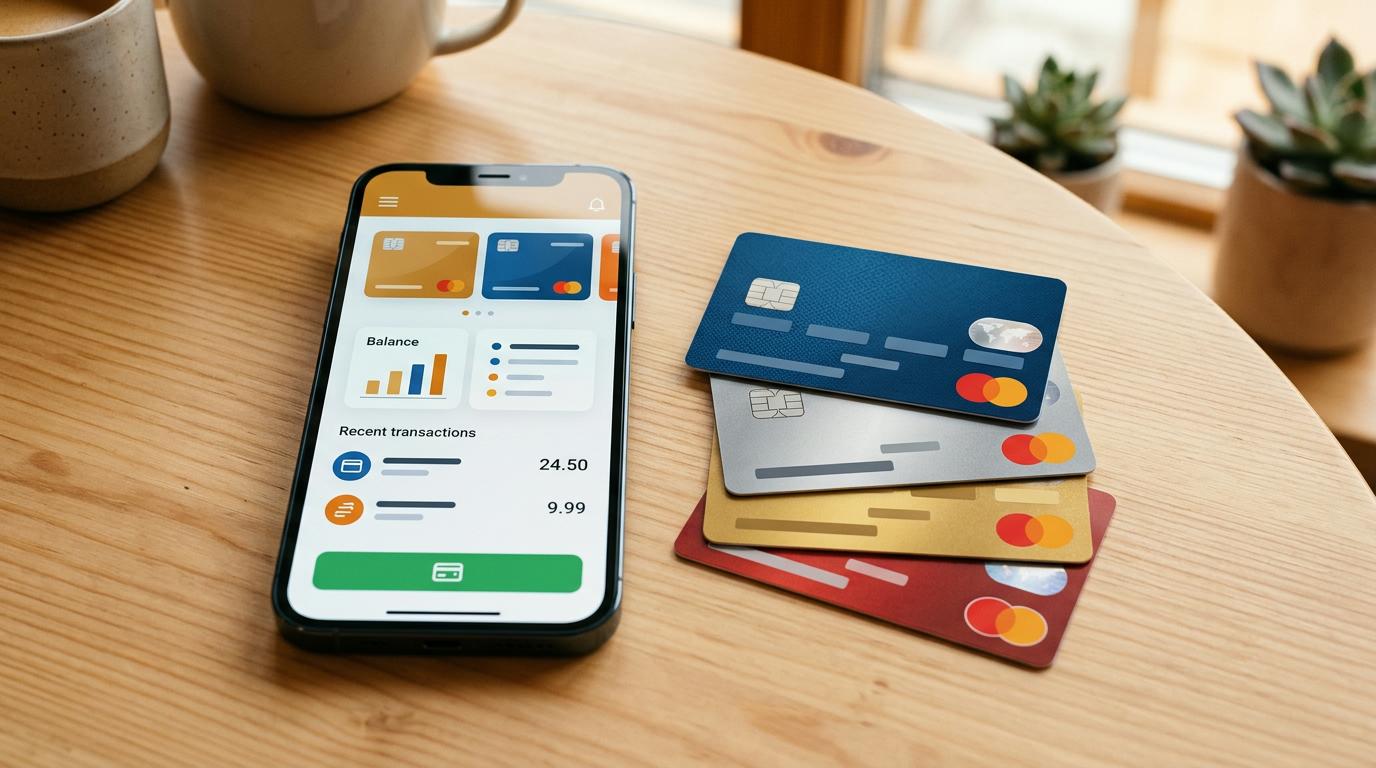 Cómo integrar Mercado Pago en tu presupuesto mensual para ordenar tus finanzas 3 Un smartphone desbloqueado mostrando una interfaz de billetera digital genérica junto a varias tarjetas de plástico sobre una mesa clara