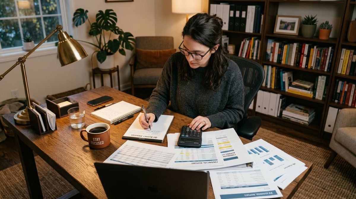 Una persona analizando documentos financieros con una calculadora y una taza de café sobre una mesa de madera moderna, iluminación cálida