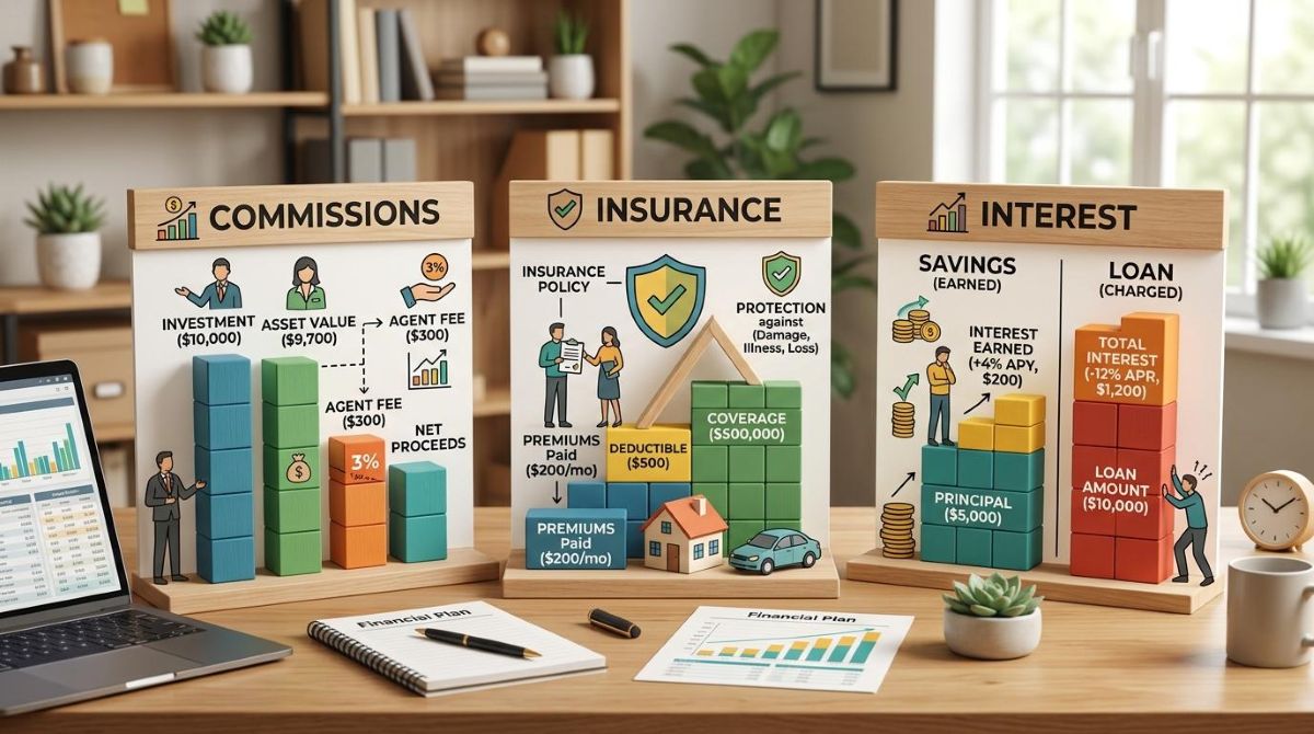 Desglose visual de conceptos financieros como comisiones, seguros e intereses representados con bloques o gráficas sobre un escritorio ordenado