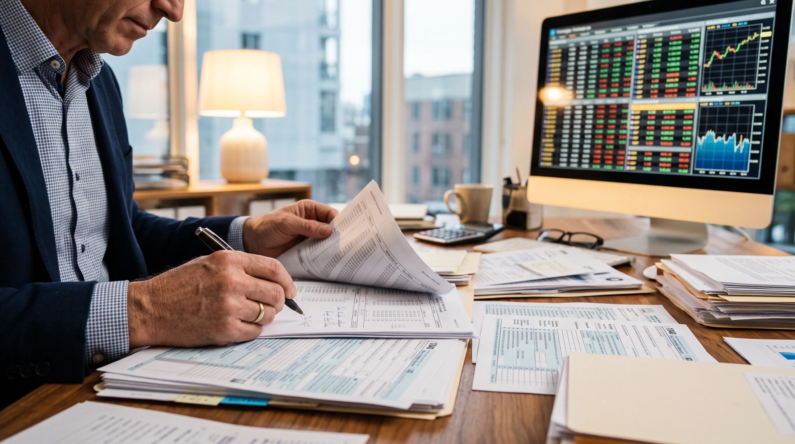  Manos de un contador revisando documentos fiscales y estados de cuenta bancarios en una oficina iluminada con tonos cálidos 
