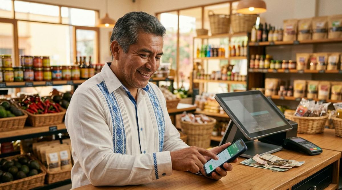 Cómo manejar el dinero de tu negocio sin mezclarlo con lo personal 3 Propietario de una tienda mexicana sonriendo mientras gestiona la cuenta bancaria digital de su negocio desde su teléfono inteligente