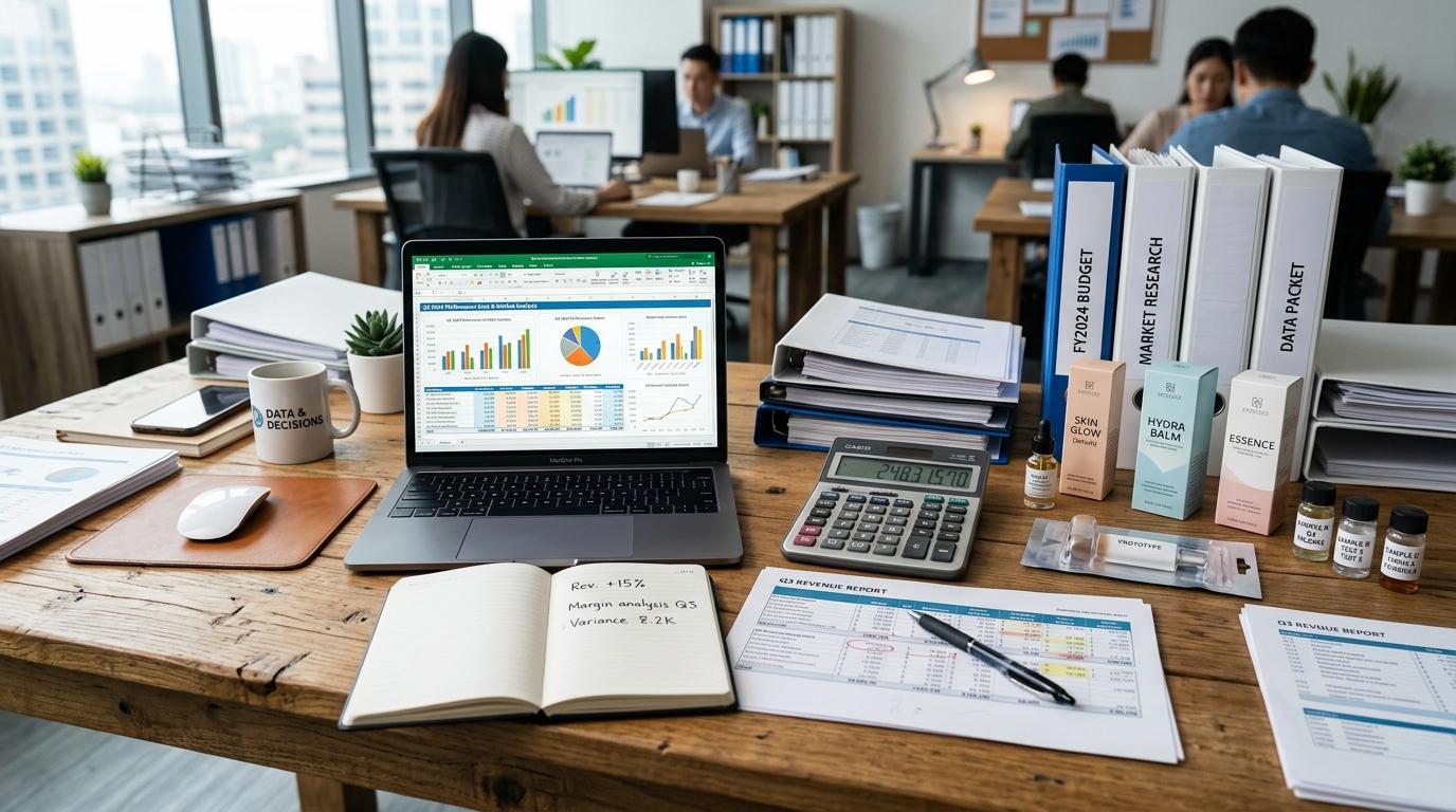 Cómo hacer un análisis de rentabilidad por producto paso a paso para tu negocio 2 Documentos financieros organizados sobre un escritorio de madera con calculadora, laptop y muestras de productos diversos