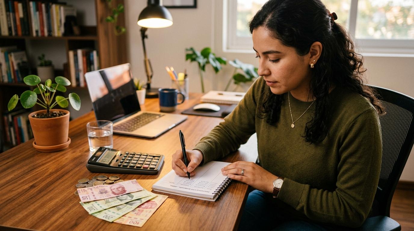 Una persona escribiendo en una libreta junto a billetes mexicanos y una calculadora, organizando su presupuesto en un escritorio moderno con tonos cál