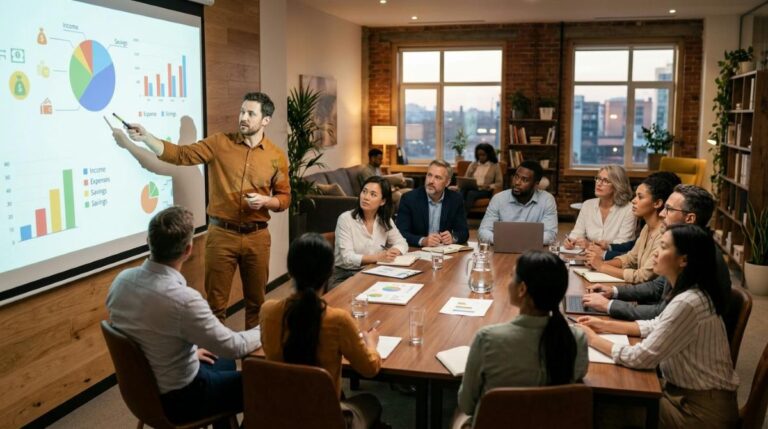 Un grupo de empleados en una oficina moderna participando en una sesión de educación financiera, con un facilitador explicando conceptos de presupuesto