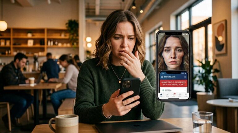 Una persona sostiene su smartphone con gesto de precaución mientras observa un reflejo distorsionado de su rostro en la pantalla