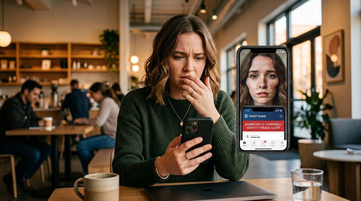 Una persona sostiene su smartphone con gesto de precaución mientras observa un reflejo distorsionado de su rostro en la pantalla