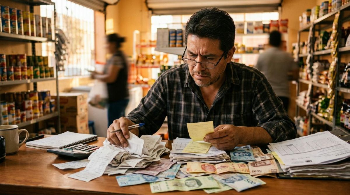 Cómo manejar el dinero de tu negocio sin mezclarlo con lo personal 2 Pequeño empresario mexicano con expresión concentrada revisando una pila desordenada de tickets, facturas y billetes mezclados sobre un escritorio