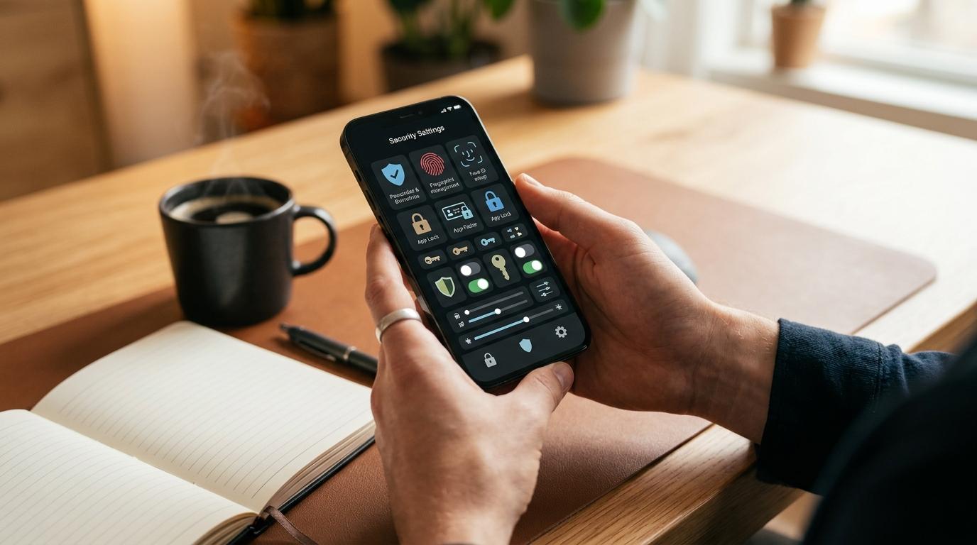 Primer plano de manos sosteniendo un smartphone mostrando una pantalla de configuración de seguridad, sobre un escritorio limpio con una taza de café