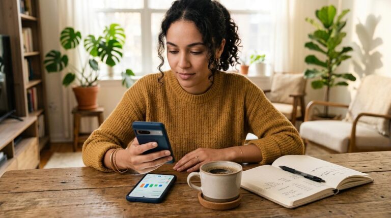 Una persona revisando su presupuesto mensual en un smartphone sobre una mesa de madera, acompañada de una taza de café y una libreta de notas