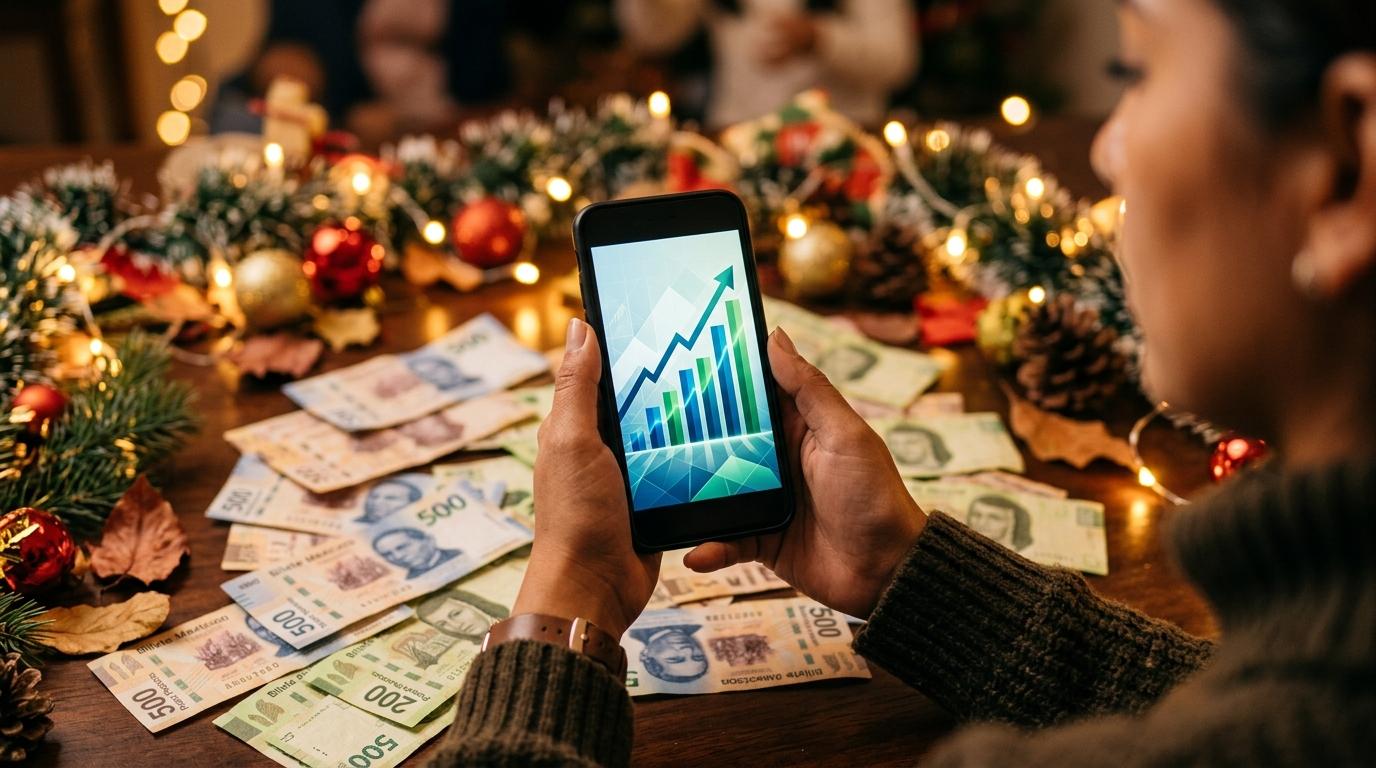 Una persona sosteniendo un smartphone que muestra una gráfica de crecimiento financiero, rodeada de billetes mexicanos y elementos festivos de fin de