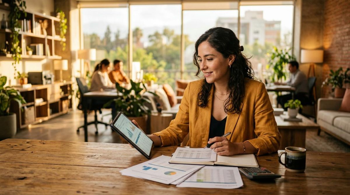Emprendedora mexicana con expresión segura y tranquila revisando una tablet y documentos financieros en un espacio de trabajo moderno y luminoso