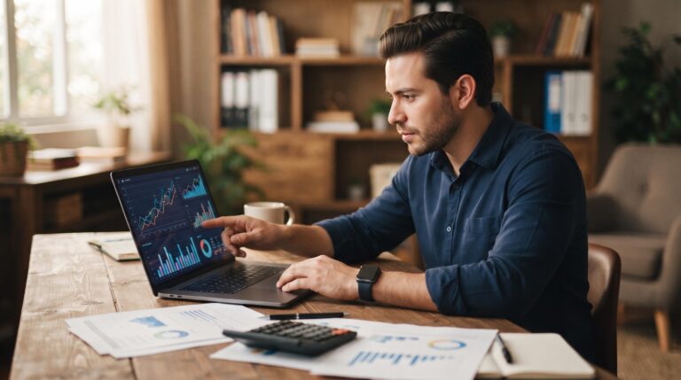 Un emprendedor mexicano analizando gráficas de crecimiento financiero en una laptop moderna, con documentos y una calculadora sobre un escritorio