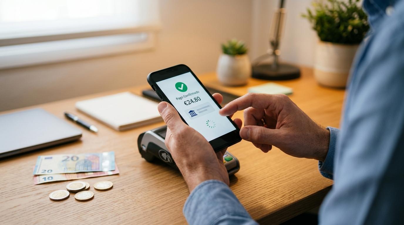 Cómo integrar Mercado Pago en tu presupuesto mensual para ordenar tus finanzas 2 Manos sosteniendo un smartphone mientras realizan un pago digital, con algunas monedas y billetes desenfocados en el fondo sobre un escritorio ordenad