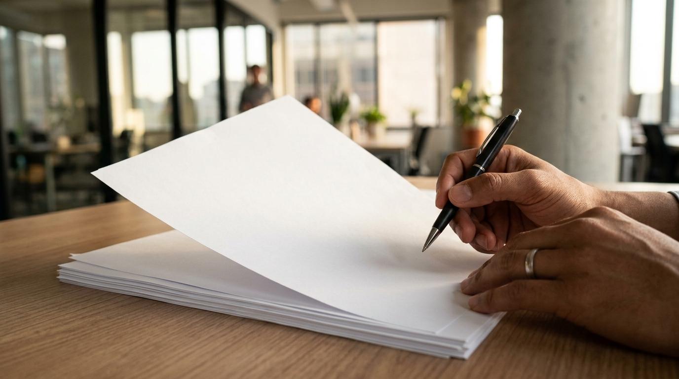 Manos sosteniendo un bolígrafo sobre un contrato de préstamo con páginas extensas, en un entorno de oficina moderno con luz cálida filtrándose por una ventana

