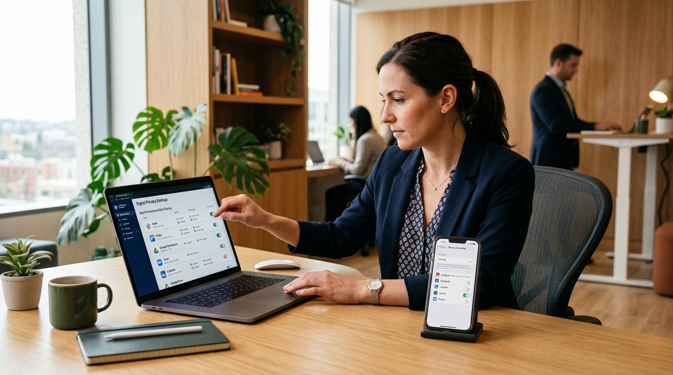 Laptop y smartphone sobre un escritorio moderno mostrando una lista de aplicaciones vinculadas, con una persona revisando configuraciones de privacida
