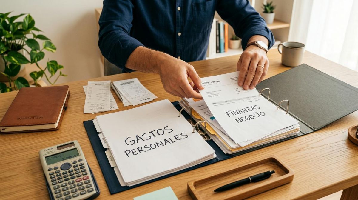 Cómo invertir en tu retiro siendo emprendedor en México 3 Manos de un emprendedor separando documentos y facturas en dos carpetas distintas sobre un escritorio limpio de madera, con una calculadora financiera