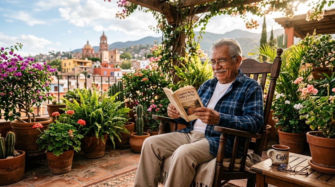 Afore mexicana: cómo funciona y cómo elegir la mejor para tu retiro 3 Persona adulta mayor mexicana sonriendo con tranquilidad mientras lee en una mecedora en una terraza soleada rodeada de plantas verdes