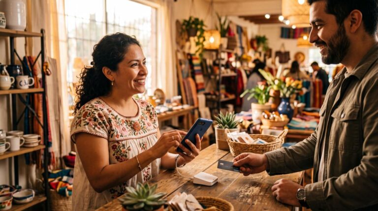 Propietario de una pequeña tienda en México usando un lector de tarjetas compacto conectado a su smartphone para procesar un pago