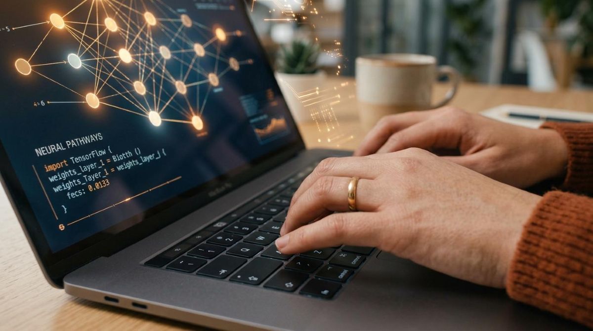 Cómo evitar los deepfakes que roban identidad financiera y proteger tus cuentas 2 Primer plano de manos tecleando en una laptop sobre un escritorio minimalista, con elementos digitales sutiles que sugieren redes neuronales