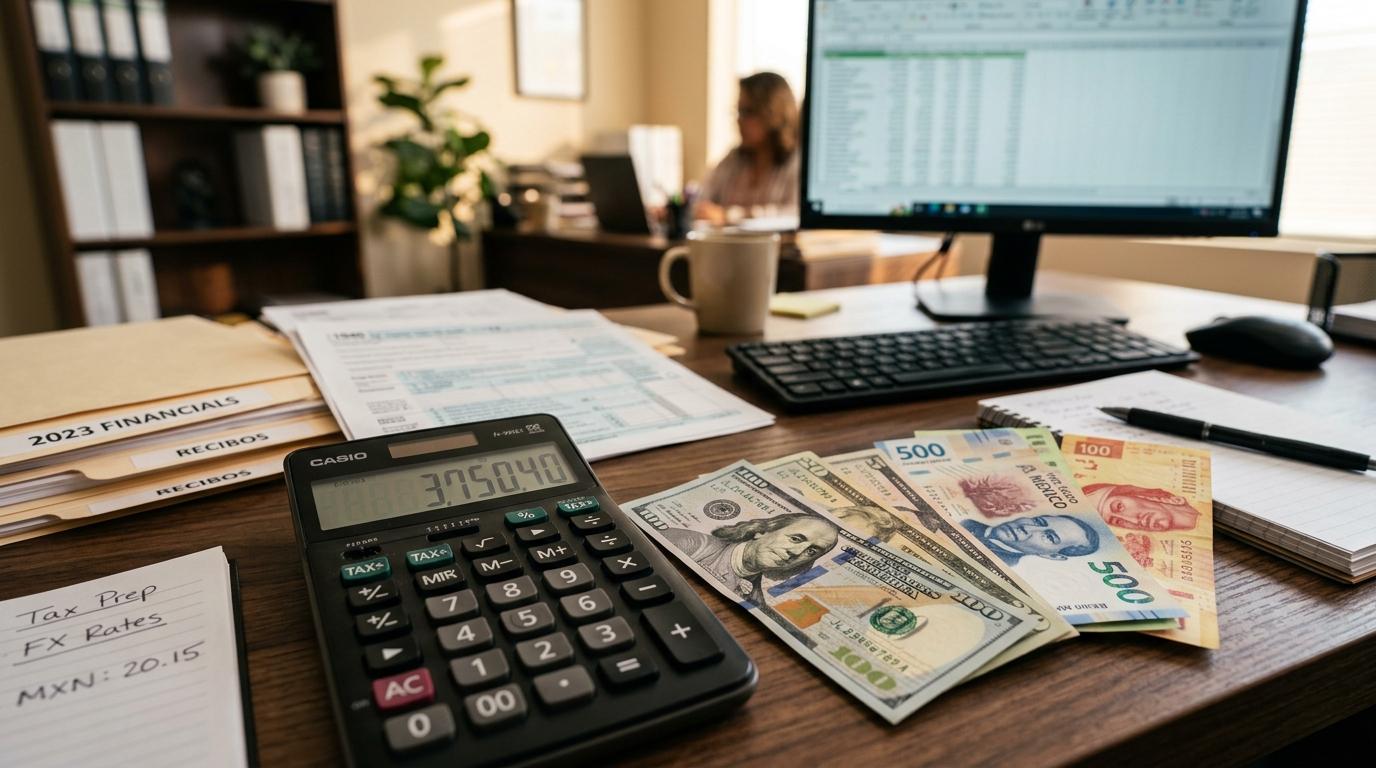 Primer plano de una calculadora junto a billetes de dólares y pesos mexicanos sobre un escritorio de oficina moderno, con documentos fiscales y una computadora